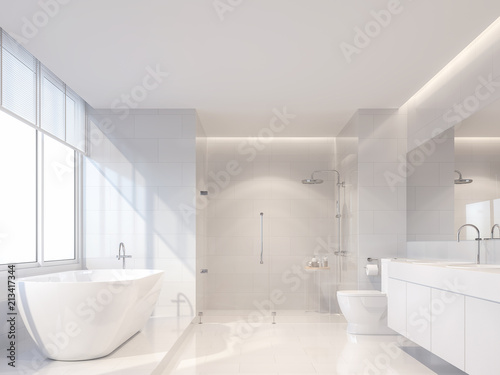 Modern luxury white bathroom 3d render. There are white tile wall and floor.The room has large windows. The sun is shining to inside.