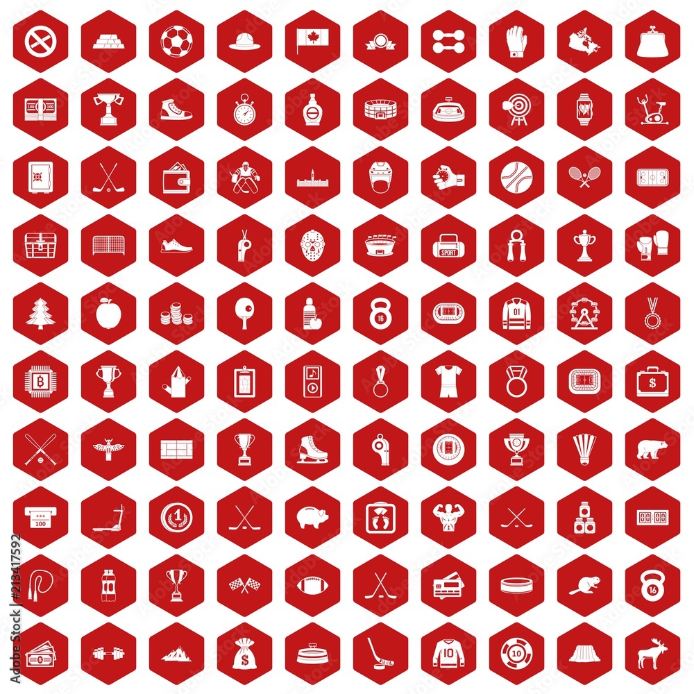 100 hockey icons set in red hexagon isolated vector illustration 100 hockey icons set in red hexagon isolated vector illustration