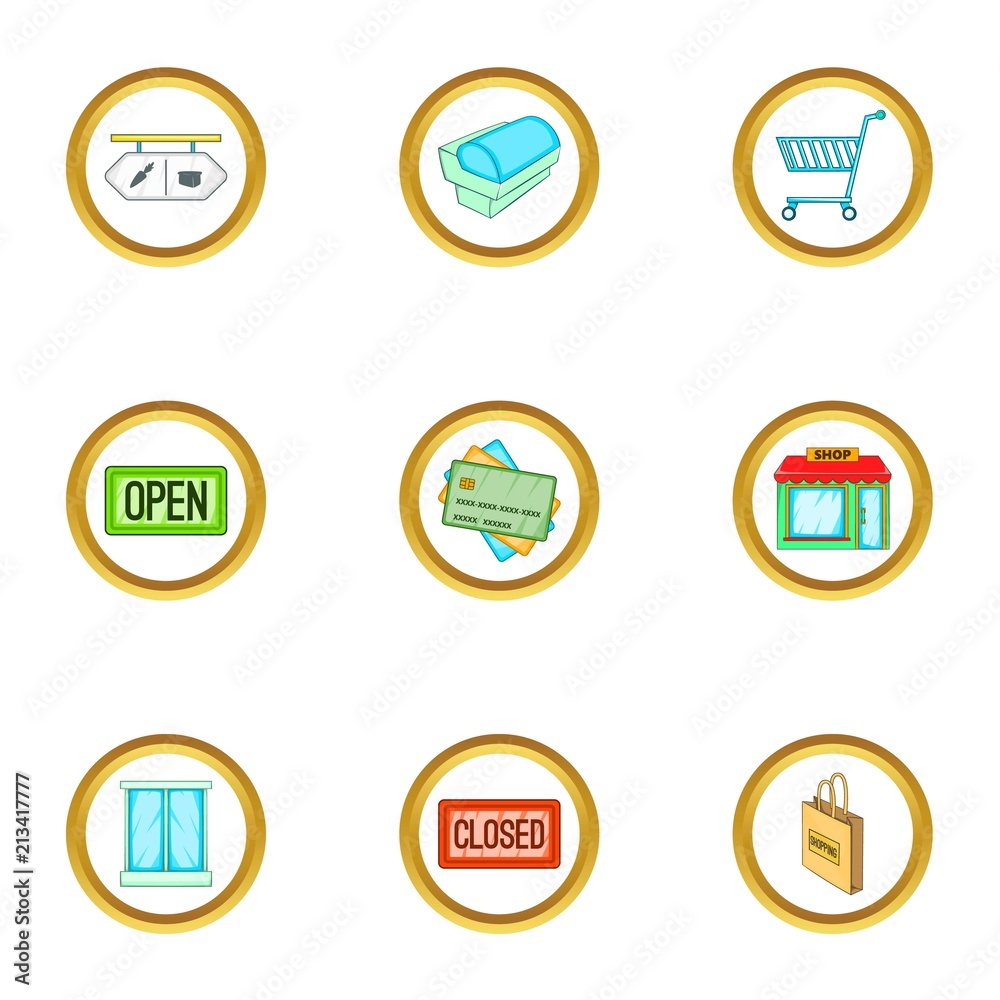 Supermarket equipment icons set. Cartoon set of 9 supermarket equipment vector icons for web isolated on white background