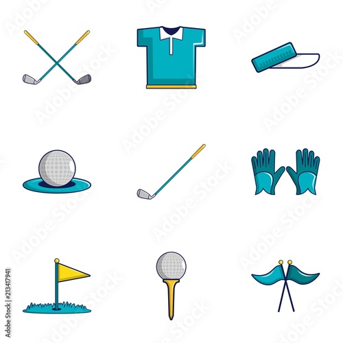 Golf equipment icons set. Cartoon set of 9 golf equipment vector icons for web isolated on white background