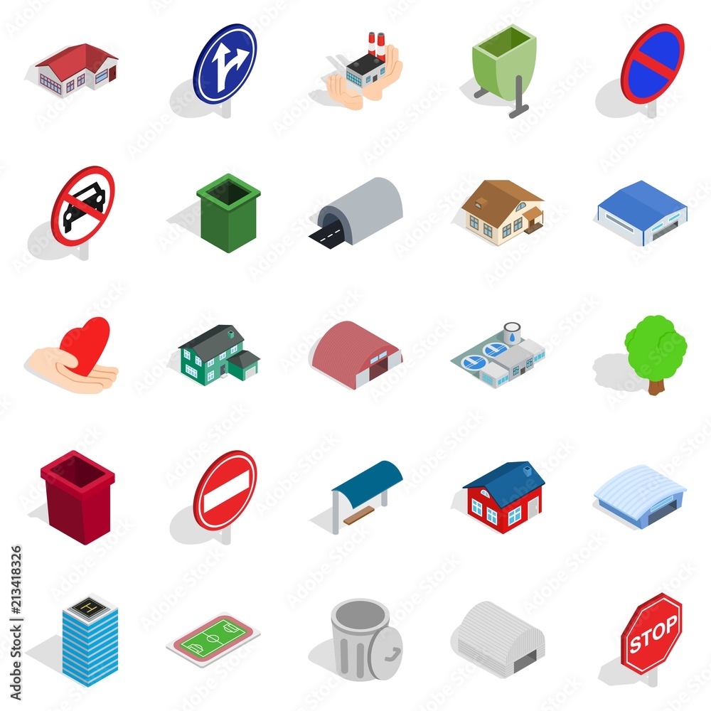 Town buildings icons set. Isometric set of 25 town buildings vector icons for web isolated on white background Town buildings icons set. Isometric set of 25 town buildings vector icons for web isolated on white background