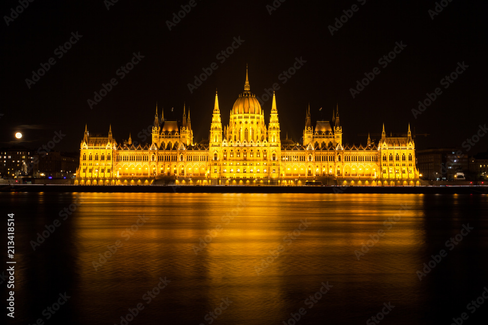 The Hungarian Parliament building illuminated at night
