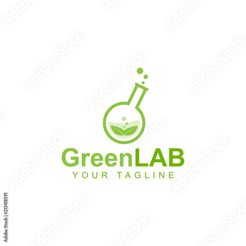 green lab logo design, green leaf symbol in natural research laboratory bottle
