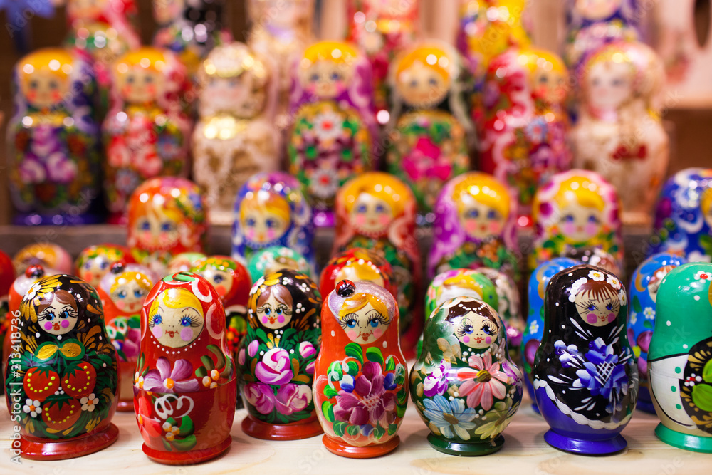 A display of Nesting Dolls (Matryoshka dolls) that are up for sale