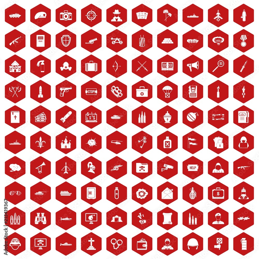 100 military icons set in red hexagon isolated vector illustration 100 military icons set in red hexagon isolated vector illustration