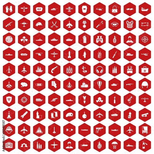 100 military resources icons set in red hexagon isolated vector illustration