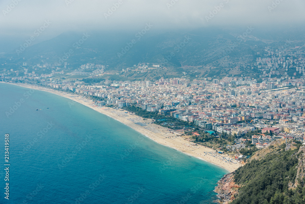 View of the beach Cleopatra. Alanya, Turkey.Wonderful country.At home from a height. Roofs of buildings.View of the city.Observation deck.Mediterranean sea.