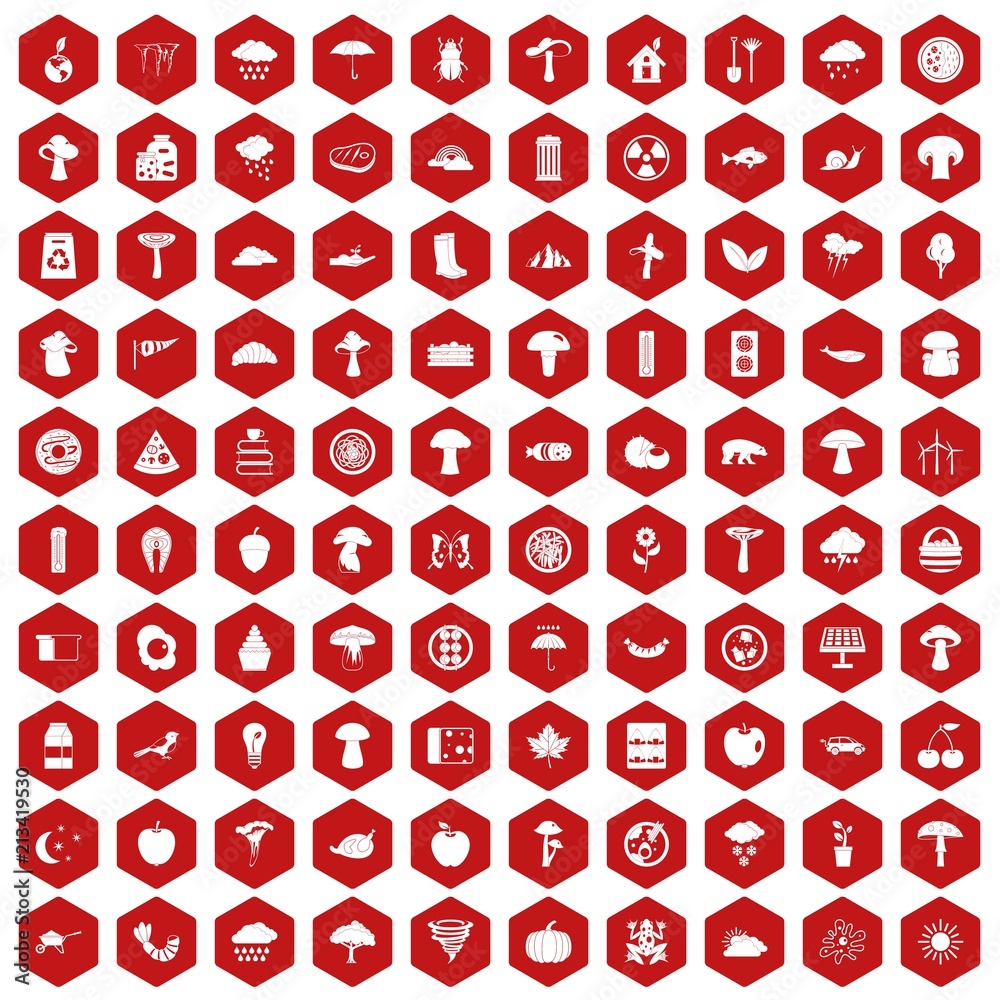 100 mushrooms icons set in red hexagon isolated vector illustration 100 mushrooms icons set in red hexagon isolated vector illustration