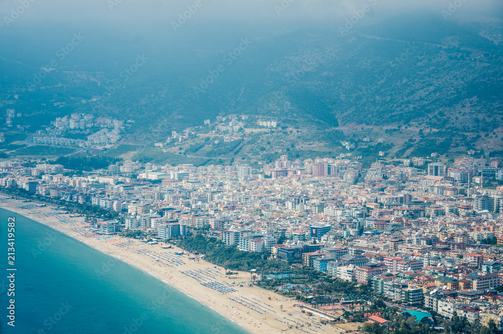 View of the beach Cleopatra. Alanya, Turkey.Wonderful country.At home from a height. Roofs of buildings.View of the city.Observation deck.Mediterranean sea.