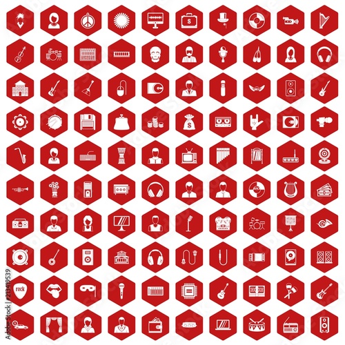 100 music icons set in red hexagon isolated vector illustration