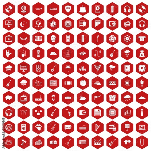 100 music festival icons set in red hexagon isolated vector illustration