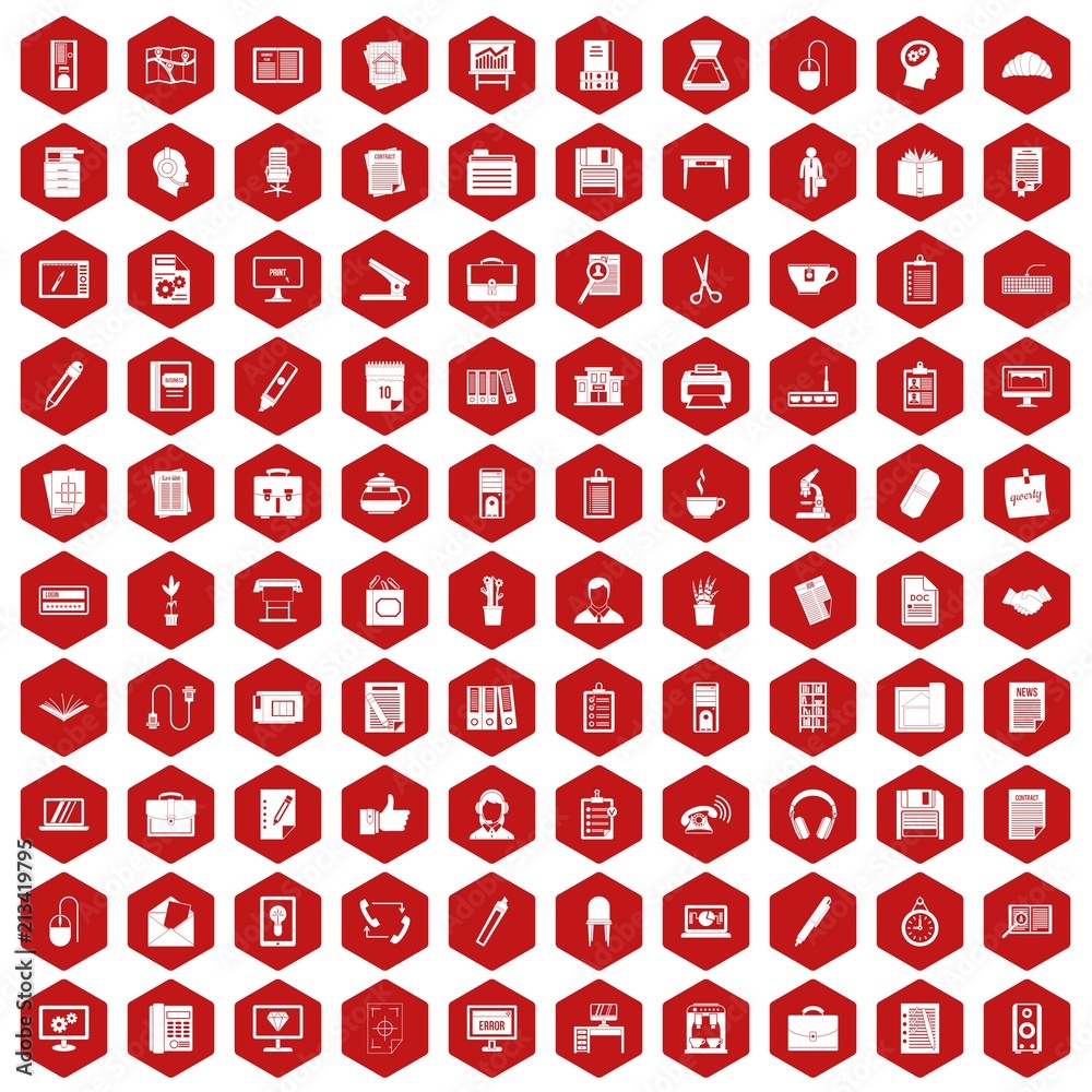 100 office icons set in red hexagon isolated vector illustration
