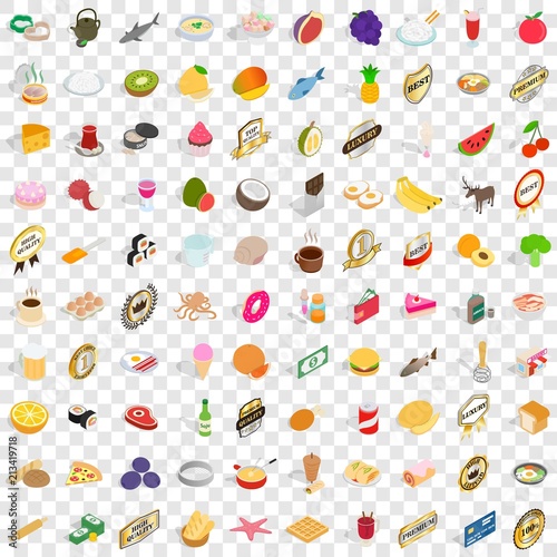 100 delicious dishes icons set in isometric 3d style for any design vector illustration