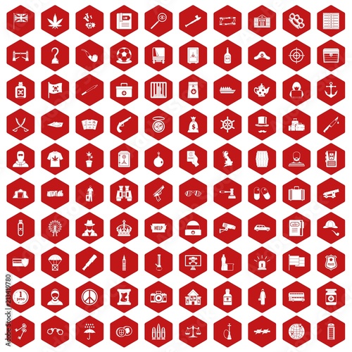 100 offence icons set in red hexagon isolated vector illustration