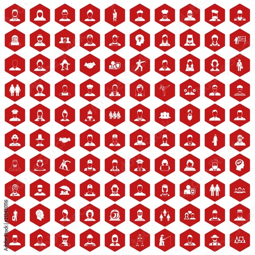 100 people icons set in red hexagon isolated vector illustration