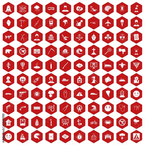 100 phobias icons set in red hexagon isolated vector illustration