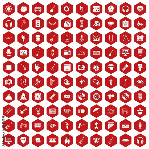 100 show business icons set in red hexagon isolated vector illustration