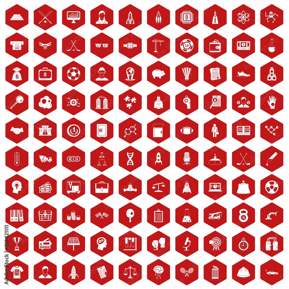 100 success icons set in red hexagon isolated vector illustration 100 success icons set in red hexagon isolated vector illustration