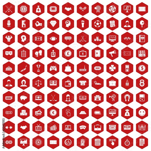 100 sweepstakes icons set in red hexagon isolated vector illustration