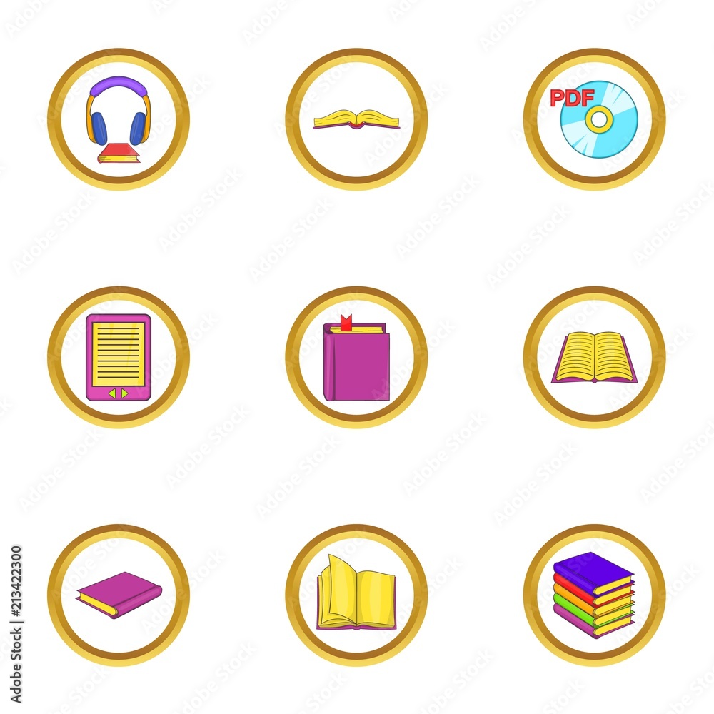 Online book icons set. Cartoon set of 9 online book vector icons for web isolated on white background Online book icons set. Cartoon set of 9 online book vector icons for web isolated on white background