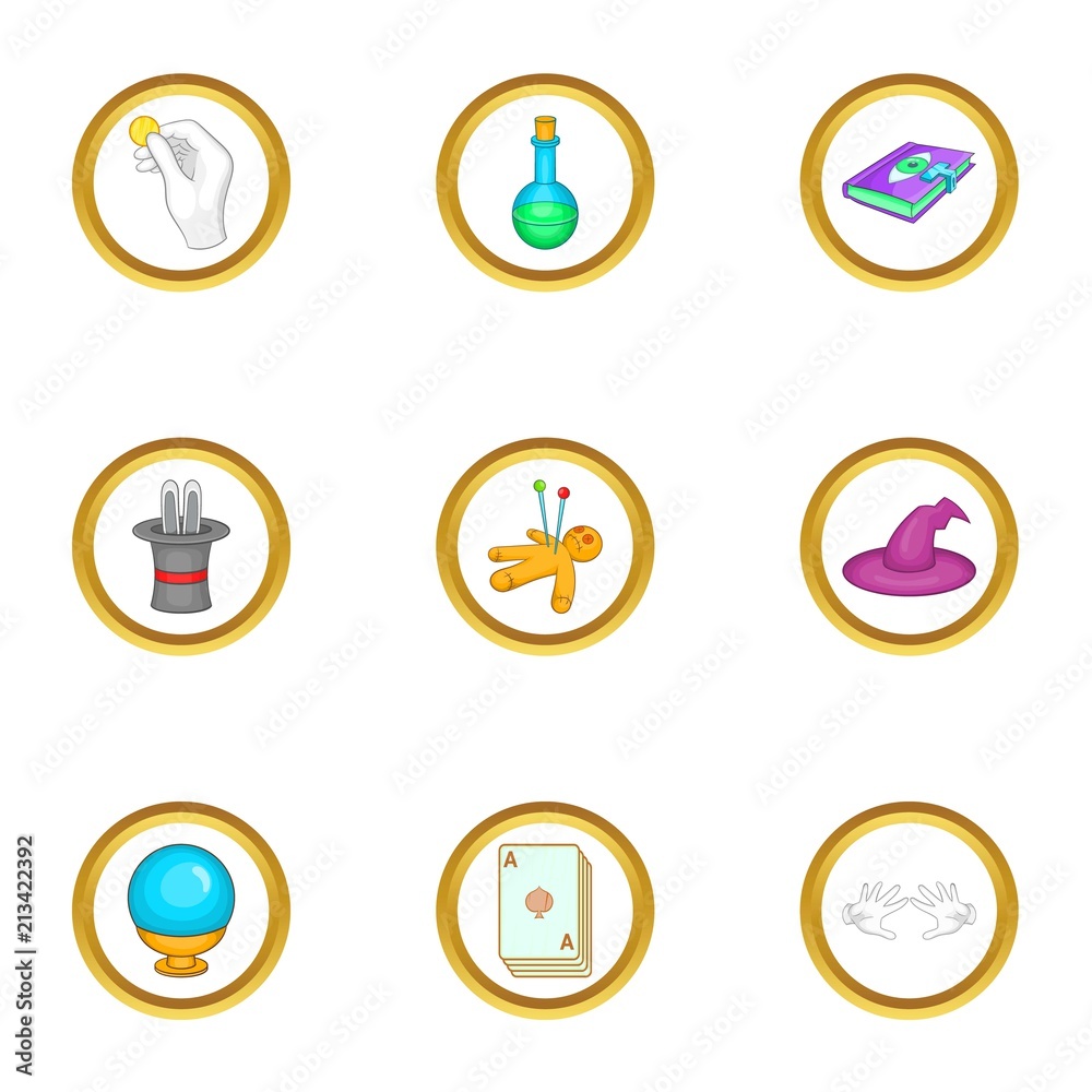 Wizard things icons set. Cartoon set of 9 wizard things vector icons for web isolated on white background Wizard things icons set. Cartoon set of 9 wizard things vector icons for web isolated on white background