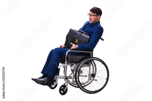 Businessman with wheelchair isolated on white background
