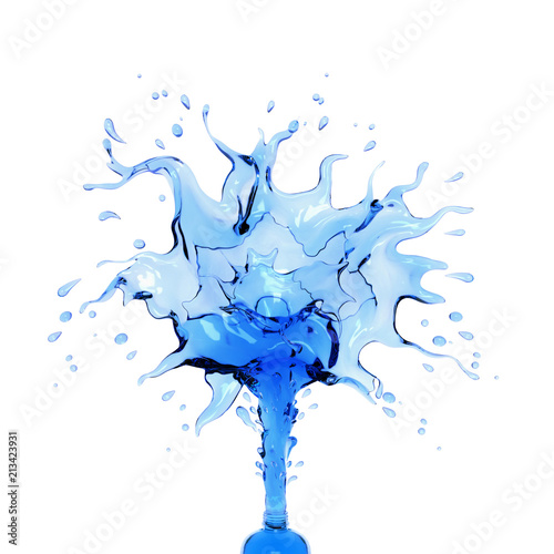 Liquid fresh blue water splash out of bottle isolated on white background. Creative design drink or food concept. 3D rendering illustration.
