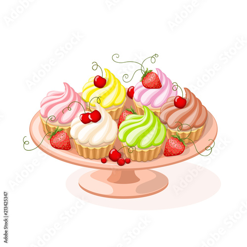 isolated plate with cupcakes and berries