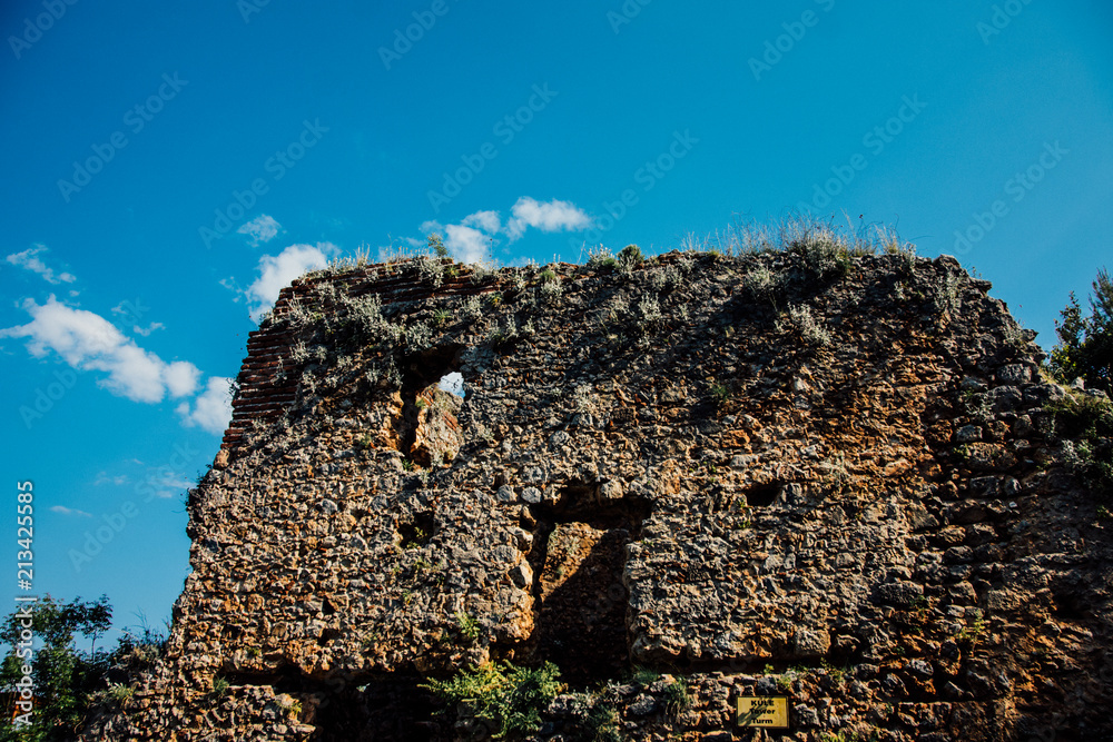 Kule tower. Alanya Kalesi. Brick ancient castle wall. Alanya, Turkey. Wonderful country. Ruins of the fortress of Alanya.Brick wall. Castle in Turkey.