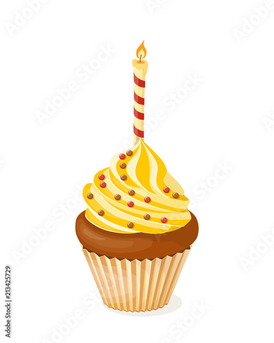 yellow realistic isolated  cupcake with candle on the white background.