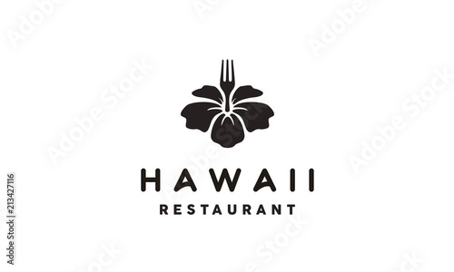 Hawaiian Hibiscus Flower Plant with Fork Silhouette for Hawaii Restaurant Cuisine Bar Food Logo design 