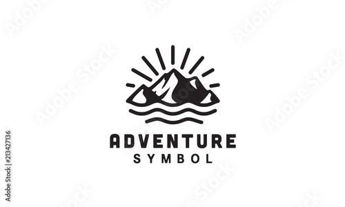 Mountain, Sea Ocean Wave and Sun for Vintage Adventure Outdoor Traveling Label Stamp logo design 