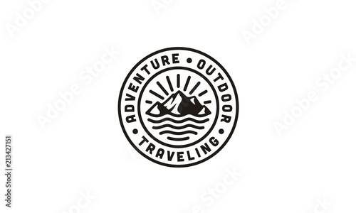 Mountain, Sea Ocean Wave and Sun for Vintage Adventure Outdoor Traveling Label Stamp logo design 