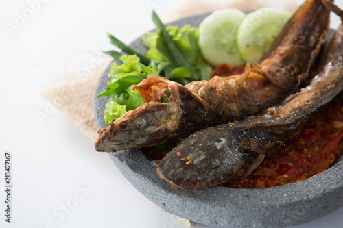 traditional indonesian culinary food pecel lele photo