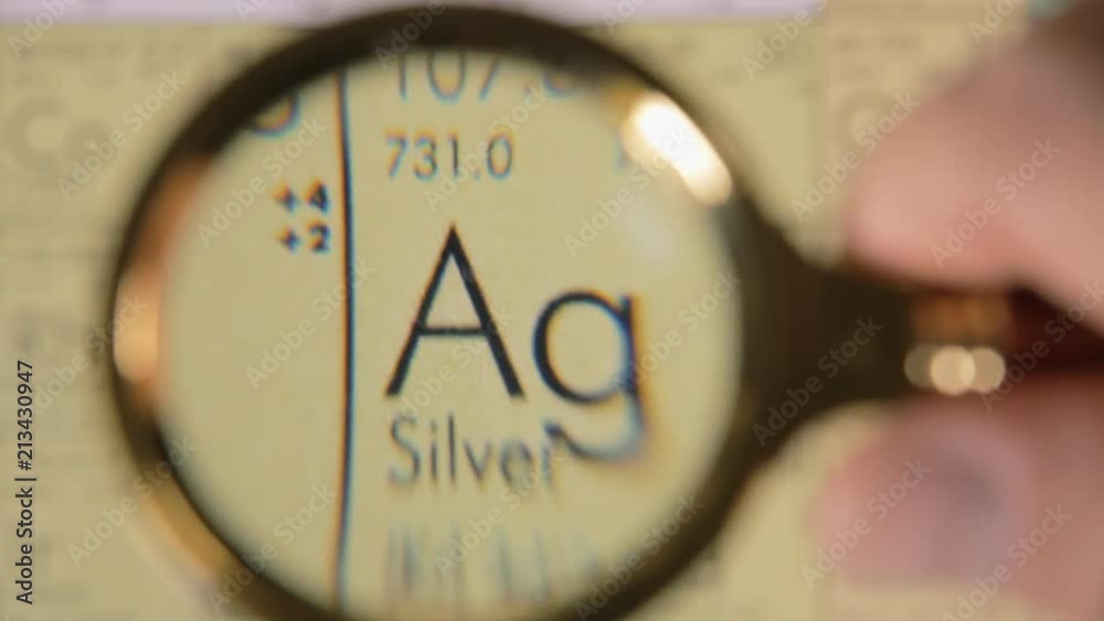A hand moving a lens magnifier over a defocused board (a periodic table ...
