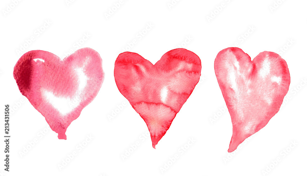 Three red hearts on white, watercolor hand painted, lovely art