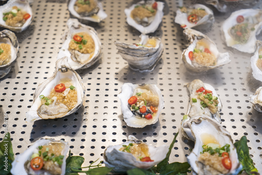 Fresh oysters on ice station