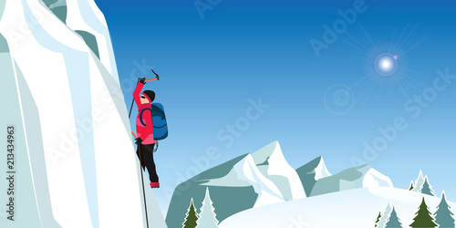 Ice climber in red coat with axes climbing a large blue wall of ice mountain .