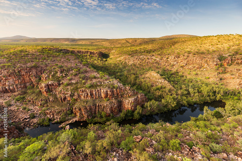 Oblique aerial view of Bell Gorge and Waterfall in the King Leopold Conservation Park, Kimberley, Australia