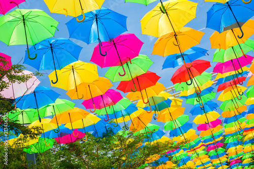Colorful hanging umbrellas in a outdoor plaza in Miami