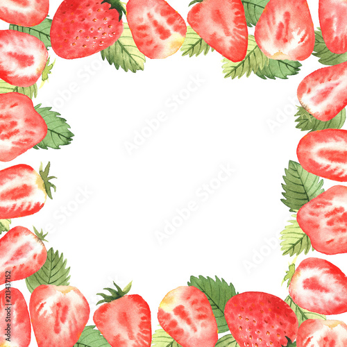 Frame with strawberries and leaves, in a watercolor style.