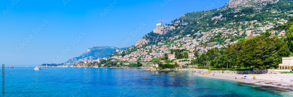 Beautiful panoramic view from Cape Martin to the beaches and Monaco. Cote d'Azur. France