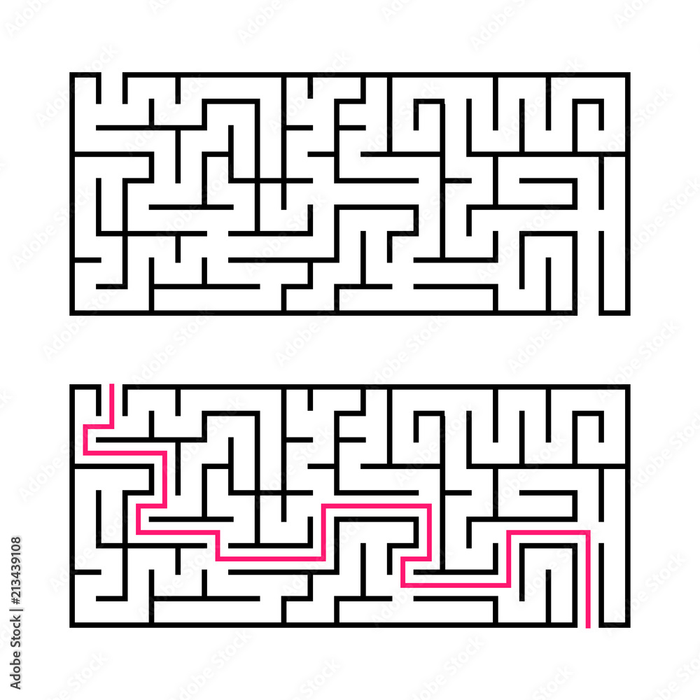 Rectangular labyrinth with a black stroke. A game for children. Simple flat vector illustration isolated on white background. With the answer. Rectangular labyrinth with a black stroke. A game for children. Simple flat vector illustration isolated on white background. With the answer.