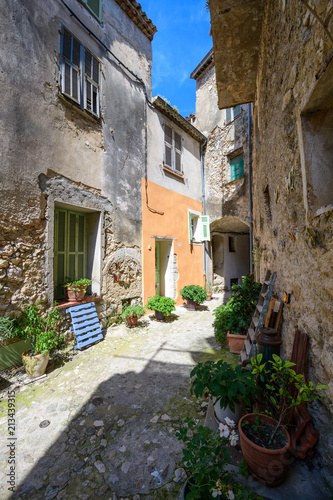 On the streets of a medieval village Gorbio. French Riviera. Cote d Azur.