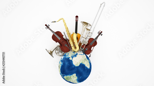Saxophone with concert flute french horn trombone crookless trumpet cello violin and classical guitar on the world - Artwork musical instrument for music festival - 3D Illustration
