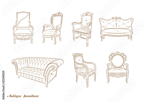 Set of antique furniture .Armchair, sofa, vector