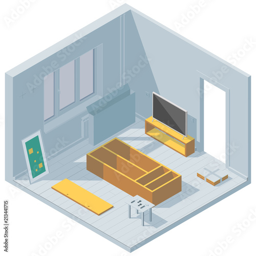 Isometric illustration on the theme of room renovation. Furniture assembly.