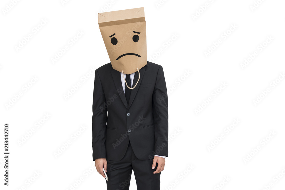 businessman wear paper bag covering head sad emotions businessman wear paper bag covering head sad emotions