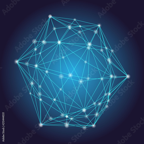 Abstract network concept, vector illustration. Blue wire frame 3d model. Technology blue background.