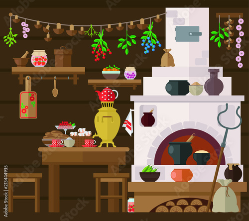 Interior of russian village house with Russian stove. Traditional farm house kitchen.